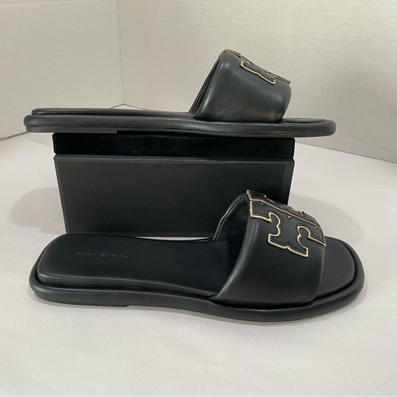 NEW Tory Burch Ines Slide Sandals Black Leather Double-T Logo - Picture 13 of 14
